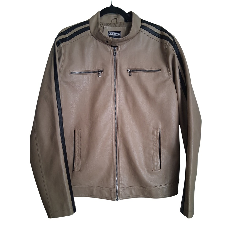 Distortion Mens Tan Faux Leather Cafe Racer Jacket Black Racing Stripes Large